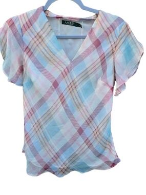 Lauren Ralph Lauren Pastel Plaid V-Neck Blouse Size M